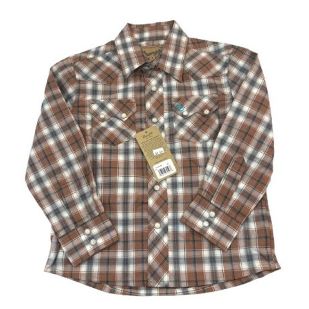 NWT Wrangler‎ Retro Boys Pearl Snap Western Shirt Brown Teal Plaid Size XS (3-4)
